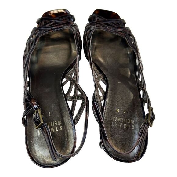 Stuart Weitzman Tangle Square Toe Patent Leather Strappy Sandals Tortoise Size 7 - Picture 8 of 8